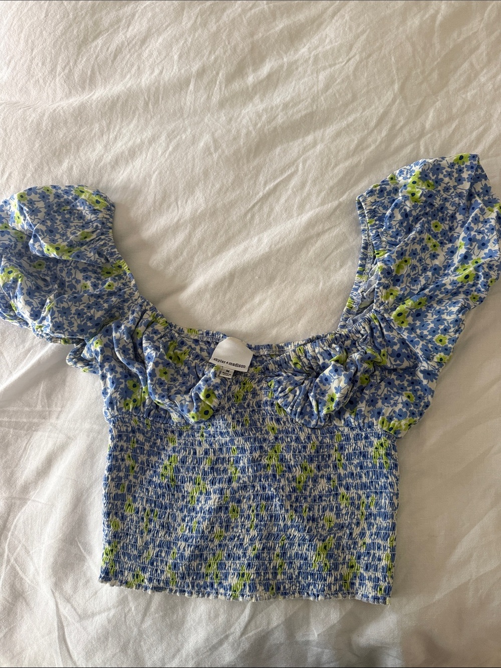 Floral Smocked Crop Top with Ruffle Sleeves - Blue/Green